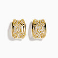D'Oro 14K Yellow Gold Diamond Huggie Earrings feature geometric cut-out designs and sparkling white diamonds, shown against a white background.