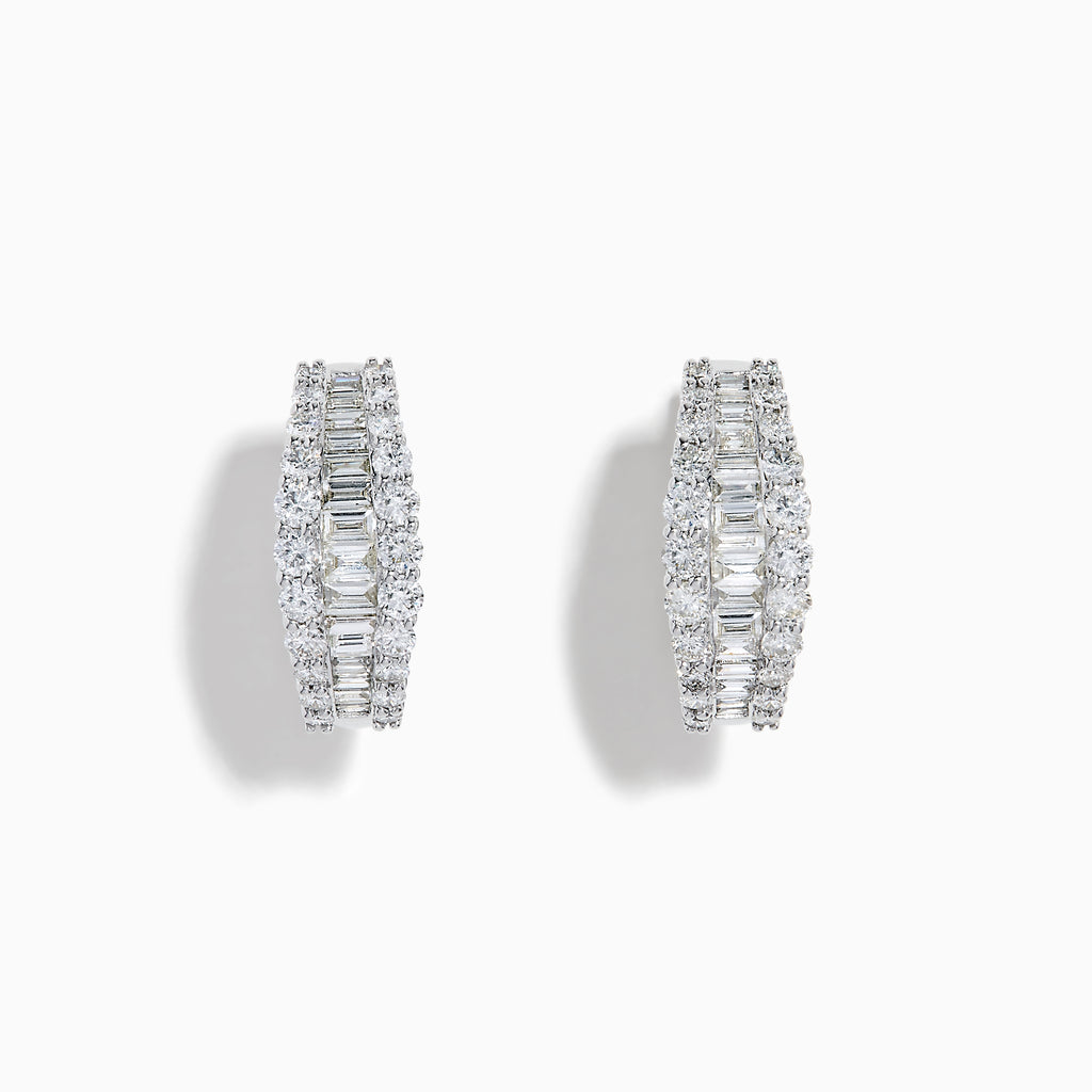 The Classique 14K White Gold Diamond Hoop Earrings feature rows of rectangular and round-cut diamonds, offering a sparkling and timeless look, beautifully displayed on a plain white background.