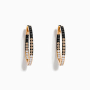 14K Rose Gold Hoop Earrings featuring three rows of stones: black and white diamonds on the top and bottom, with espresso diamonds in the middle, displayed against a white background.