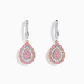A pair of 14K Two Tone Gold Pink and White Diamond Earrings with teardrop shapes, layered pink and white diamonds, and silver hooks accented with white stones, displayed on a white background.