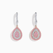 A pair of 14K Two Tone Gold Pink and White Diamond Earrings with teardrop shapes, layered pink and white diamonds, and silver hooks accented with white stones, displayed on a white background.