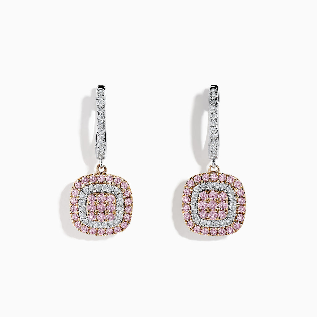 The 14K Two-Tone Gold Pink and White Diamond Drop Earrings showcase square pendants with concentric pink and white diamonds in a halo design, gracefully hanging from hoops encrusted with shimmering white stones.