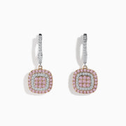 The 14K Two-Tone Gold Pink and White Diamond Drop Earrings showcase square pendants with concentric pink and white diamonds in a halo design, gracefully hanging from hoops encrusted with shimmering white stones.