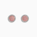 These 14K Two Tone Gold Pink and White Diamond Earrings feature a cluster of pink stones at the center, encircled by clear diamonds in a round design.