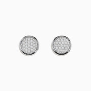 14K White Gold Diamond Earrings featuring round studs with a pavé setting of sparkling diamonds, bordered by a smooth white gold rim, shown against a plain white background.