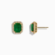 The Brasillica 14K Yellow Gold Emerald and Diamond Earrings feature rectangular green gems bordered by sparkling diamonds on a plain white background—ideal for those seeking elegant and luxurious emerald stud earrings.