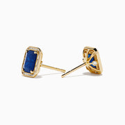 14K Yellow Gold Blue Sapphire and Diamond Emerald-Cut Halo Stud Earrings