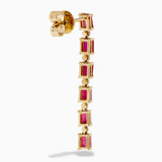 The 14K Yellow Gold Ruby and Diamond Linear Drop Earrings showcase alternating rectangular rubies and small round diamonds arranged vertically for an elegant, modern look.