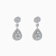 Pave Classica 14K White Diamond Earrings featuring a round stud and teardrop-shaped pendant adorned with sparkling white diamonds, displayed on a white background.