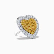 The Canare 18K Two Tone Gold White and Yellow Diamond Heart Earrings feature a yellow diamond center surrounded by white diamonds in an elegant heart design for a timeless, radiant look.