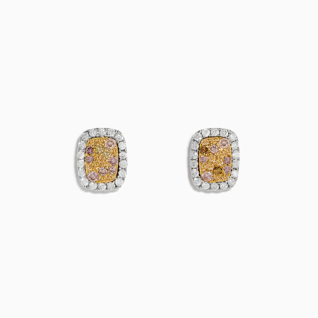 The 14K Two-Tone Gold Multi Color Diamond Earrings feature rectangular studs with central yellow-orange stones surrounded by small clear diamonds, set against a white background.