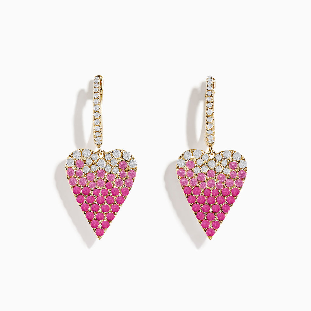 14K Yellow Gold Pink Sapphire and Diamond Heart Earrings with hoop design feature heart-shaped pendants, adorned in a pavé of pink sapphires transitioning to sparkling diamonds for a stunning gradient effect.