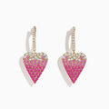 14K Yellow Gold Pink Sapphire and Diamond Heart Earrings with hoop design feature heart-shaped pendants, adorned in a pavé of pink sapphires transitioning to sparkling diamonds for a stunning gradient effect.