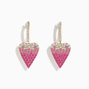 14K Yellow Gold Pink Sapphire and Diamond Heart Earrings with hoop design feature heart-shaped pendants, adorned in a pavé of pink sapphires transitioning to sparkling diamonds for a stunning gradient effect.