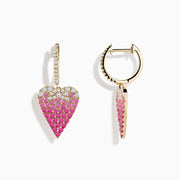 14K Yellow Gold Pink Sapphire and Diamond Heart Earrings with hoop design feature heart-shaped pendants, adorned in a pavé of pink sapphires transitioning to sparkling diamonds for a stunning gradient effect.