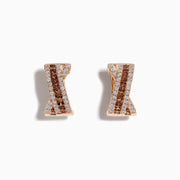 The 14K Rose Gold Espresso and White Diamond Earrings feature an hourglass design with alternating vertical rows of espresso diamonds and sparkling white stones.