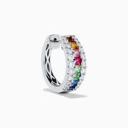 Watercolors 14K White Gold Multi Sapphire and Diamond Small Hoop Earrings feature vibrant sapphire rows bordered by sparkling diamonds, set in white gold, showcased against a white background.