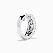 Watercolors 14K White Gold Multi Sapphire and Diamond Small Hoop Earrings feature vibrant sapphire rows bordered by sparkling diamonds, set in white gold, showcased against a white background.