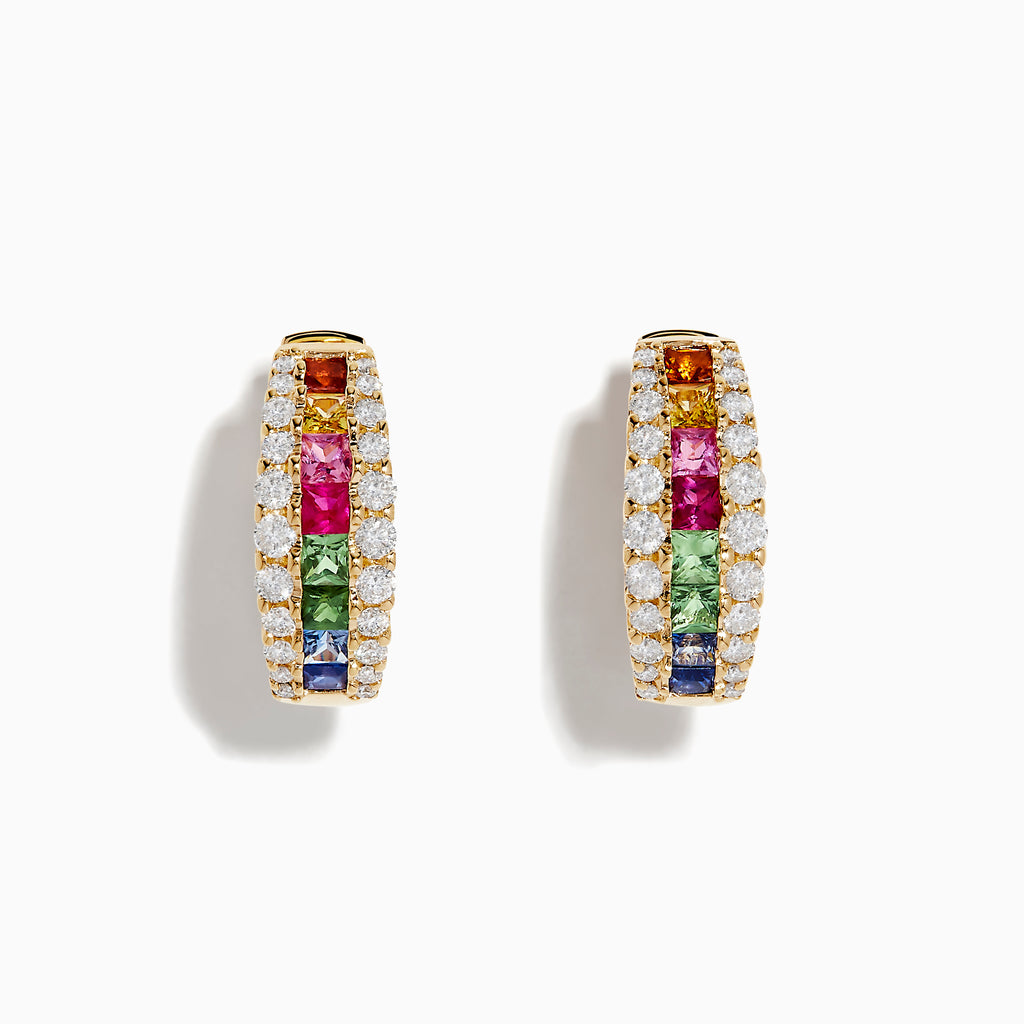 The Watercolors 14K Gold Multi Sapphire & Diamond Hoop Earrings feature three rows of diamonds and multicolored sapphires—red, green, blue, and yellow—set against a white background.