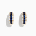 The Royale Bleu 14K Yellow Gold Blue Sapphire and Diamond Hoop Earrings feature a central row of square blue sapphires with round white diamonds on each side, displayed against a plain white background.
