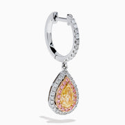 The 18K 3-Tone Gold White, Yellow and Pink Diamond Drop Halo Earrings feature teardrop-shaped yellow gemstones surrounded by pink and white diamonds in a luxurious three-tone gold setting.