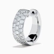 A pair of 14K White Gold Diamond Three Row Pave Small Hoop Earrings is shown on a plain white background, featuring multiple rows of sparkling diamonds in an elegant pave small hoop design.