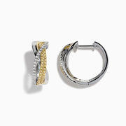 The Canare 14k Two Tone Yellow and White Diamond Hoop Earrings 5/8 feature intertwined yellow and white gold bands adorned with diamonds, beautifully displayed on a plain white background for a striking look.