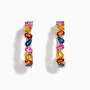 A pair of Watercolors 14K Yellow Gold Multi Sapphire and Diamond Hoop Earrings featuring blue, pink, yellow, and orange sapphires set in a repeating pattern against a white background.