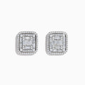 The Classique 14K White Gold Diamond Statement Earrings showcase a square design with baguette-cut diamonds in the center, framed by a double halo of sparkling round diamonds.