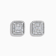 The Classique 14K White Gold Diamond Statement Earrings showcase a square design with baguette-cut diamonds in the center, framed by a double halo of sparkling round diamonds.