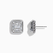 The Classique 14K White Gold Diamond Statement Earrings showcase a square design with baguette-cut diamonds in the center, framed by a double halo of sparkling round diamonds.