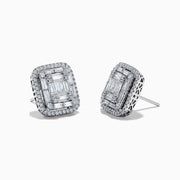 The Classique 14K White Gold Diamond Statement Earrings showcase a square design with baguette-cut diamonds in the center, framed by a double halo of sparkling round diamonds.
