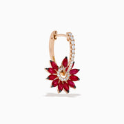 The 14K Rose Gold Ruby and Diamond Floral Huggie Earrings feature marquise-cut rubies as petals, accented by white diamonds and a vertical row of diamonds on elegant rose gold.