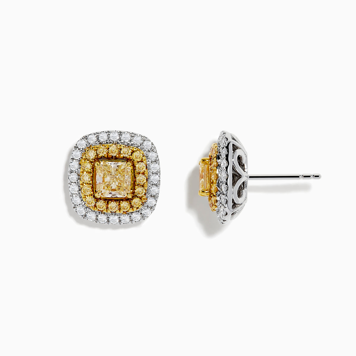 The Canare 14k Two Tone Gold Cushion Halo Yellow Diamond Stud Earrings 2.34 TCW feature square-shaped yellow diamonds accented by double rows of white and yellow stones in a gold cushion halo setting.