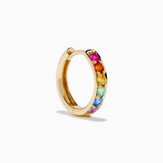 The Watercolors 14K Yellow Gold Multi Color Sapphire Hoop Earrings feature five vertical sapphires in pink, yellow, green, blue, and purple on each hoop, shown against a white background.