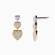 The Trio 14K Three Tone Gold Diamond Heart Drop Earrings 0.65 TCW showcase three stacked heart shapes in silver, rose gold, and yellow gold, each adorned with sparkling diamonds for a dazzling finish.