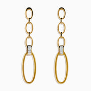 The D'Oro 14K Yellow Gold Diamond Dangle Earrings feature three oval links, a rectangular clear stone near the bottom, and a large open oval hoop, all displayed on a white background.