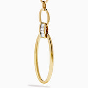 The D'Oro 14K Yellow Gold Diamond Dangle Earrings feature three oval links, a rectangular clear stone near the bottom, and a large open oval hoop, all displayed on a white background.