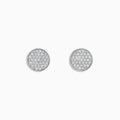 The 14K White Gold Diamond Disc Stud Earrings feature a pavé of sparkling white stones in a circular pattern, set in 14K white gold, shown against a plain white background.