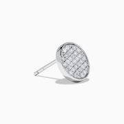 The 14K White Gold Diamond Disc Stud Earrings feature a pavé of sparkling white stones in a circular pattern, set in 14K white gold, shown against a plain white background.