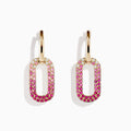 The 14K Yellow Gold Pink Sapphire and Diamond Earrings feature gold hoops with oval pendants, encrusted in a gradient of white diamonds to deep pink sapphires, crafted in 14K yellow gold and shown on a white background.