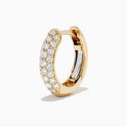 The 14K Yellow Gold Diamond Pavé Dome Mini Hoop Earrings feature rows of sparkling diamonds set in yellow gold, shown on a plain white background.