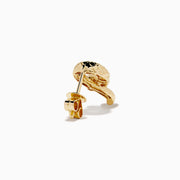 The 14K Yellow Gold Black and White Diamond Snake Earrings, featuring green gemstones, are elegantly displayed on a white background.