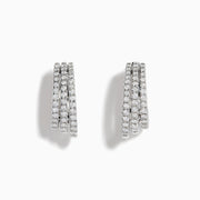 Elegant 14K White Gold Diamond Triple-Band Huggie Hoop Earrings featuring three overlapping curved rows of sparkling diamonds, set against a white background.