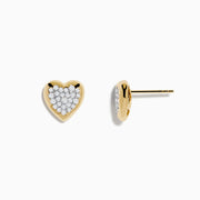 14K Yellow Gold Diamond Heart Earrings featuring round diamonds in a heart-shaped stud design, displayed on a white background.