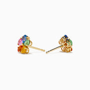 The Watercolors 14K Yellow Gold Multi Sapphire Floral Stud Earrings feature five teardrop sapphires in blue, pink, green, yellow, and orange on each flower-shaped stud against a white background.