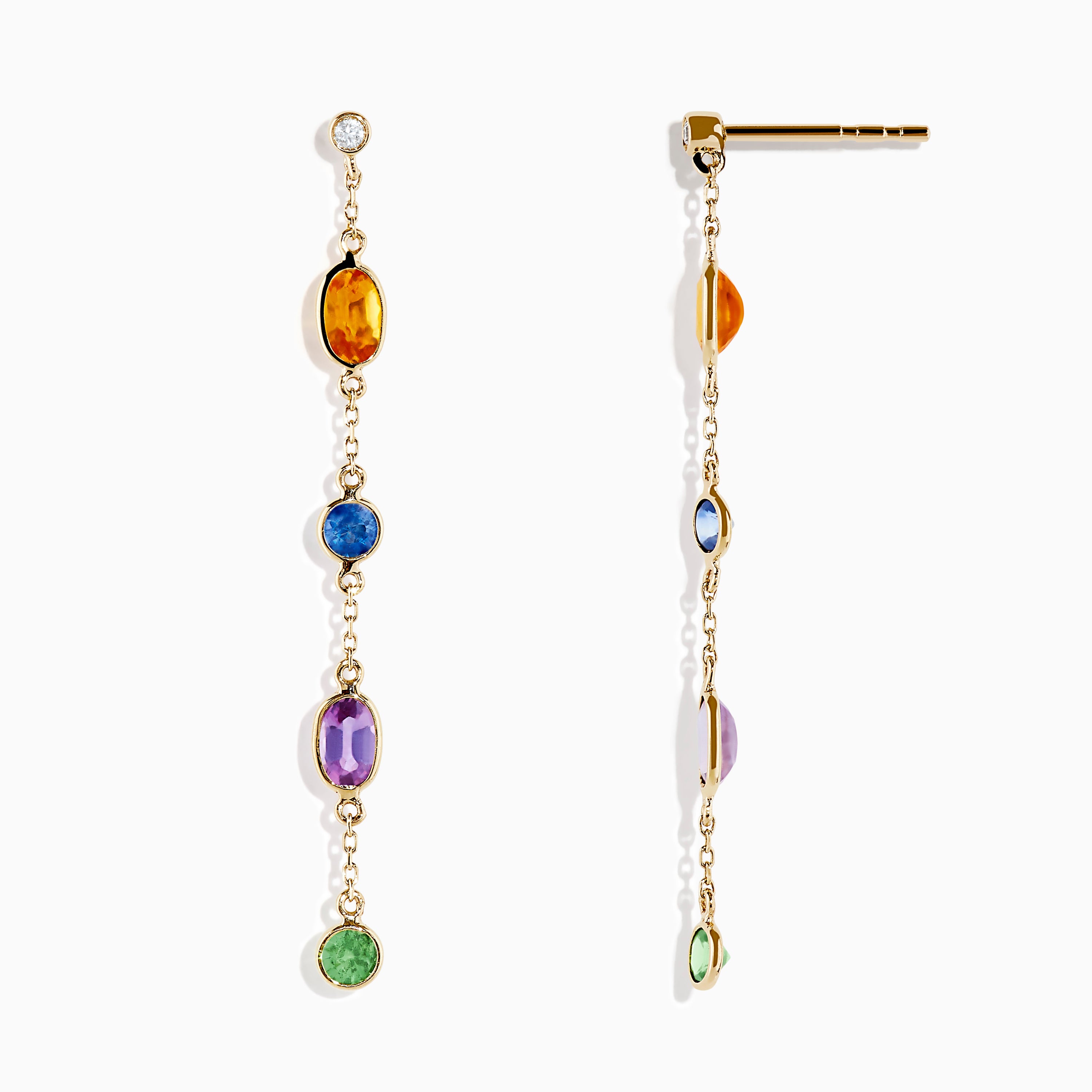 14K yellow gold drop earrings featuring multi-color sapphires in orange, blue, purple, and green, each topped with a small round diamond station.