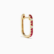 The Ruby Royale 14K Yellow Gold Ruby and Diamond Square Huggie Earrings feature slim bars set with alternating red rubies and clear diamonds, shown against a plain white background.
