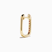 The Ruby Royale 14K Yellow Gold Ruby and Diamond Square Huggie Earrings feature slim bars set with alternating red rubies and clear diamonds, shown against a plain white background.