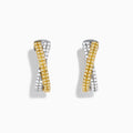 14K Two Tone Gold White and Yellow Diamond Criss Cross Hoop Earrings featuring alternating rows of white and yellow diamonds in a sleek, curved design, photographed on a white background.